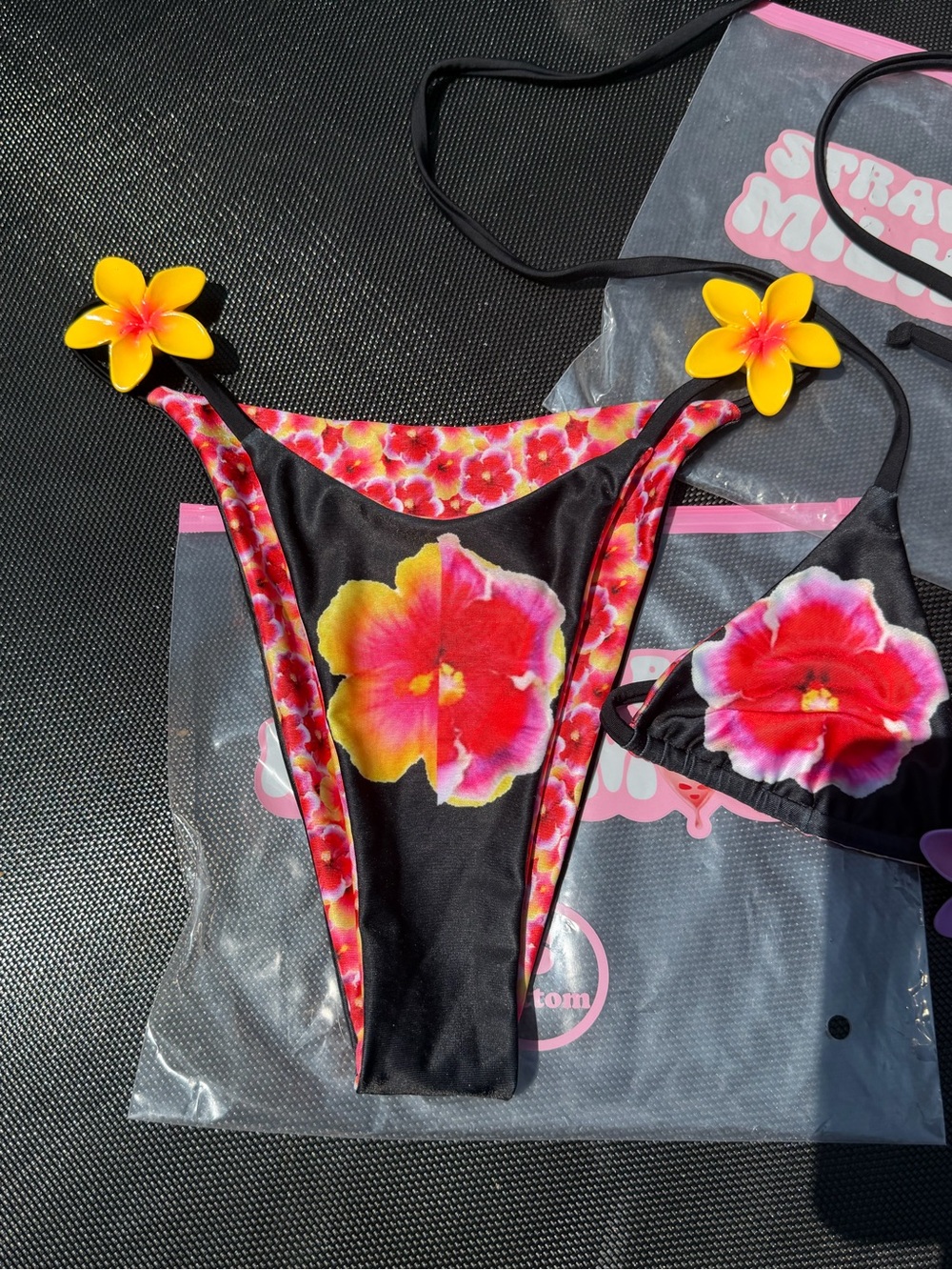 Strawberry Milk Mob Black Bikini with Pink and Yellow Floral Print - Picture 8 of 14